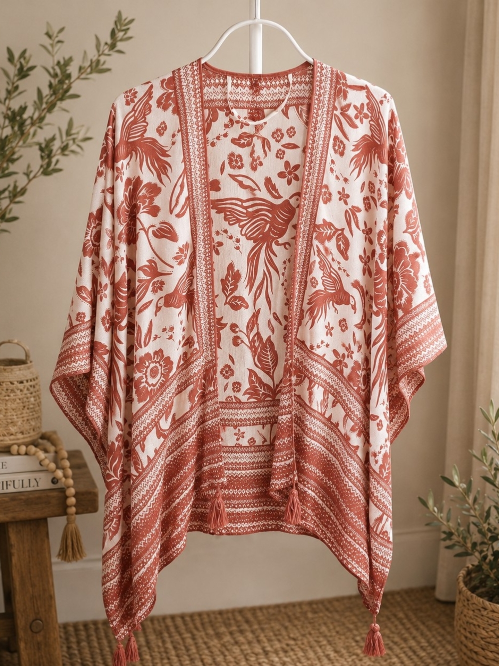 Vince Camuto Boho Bird Print Tassel Kimono | Coral & Ivory Open Front Cover Up - Picture 8 of 8